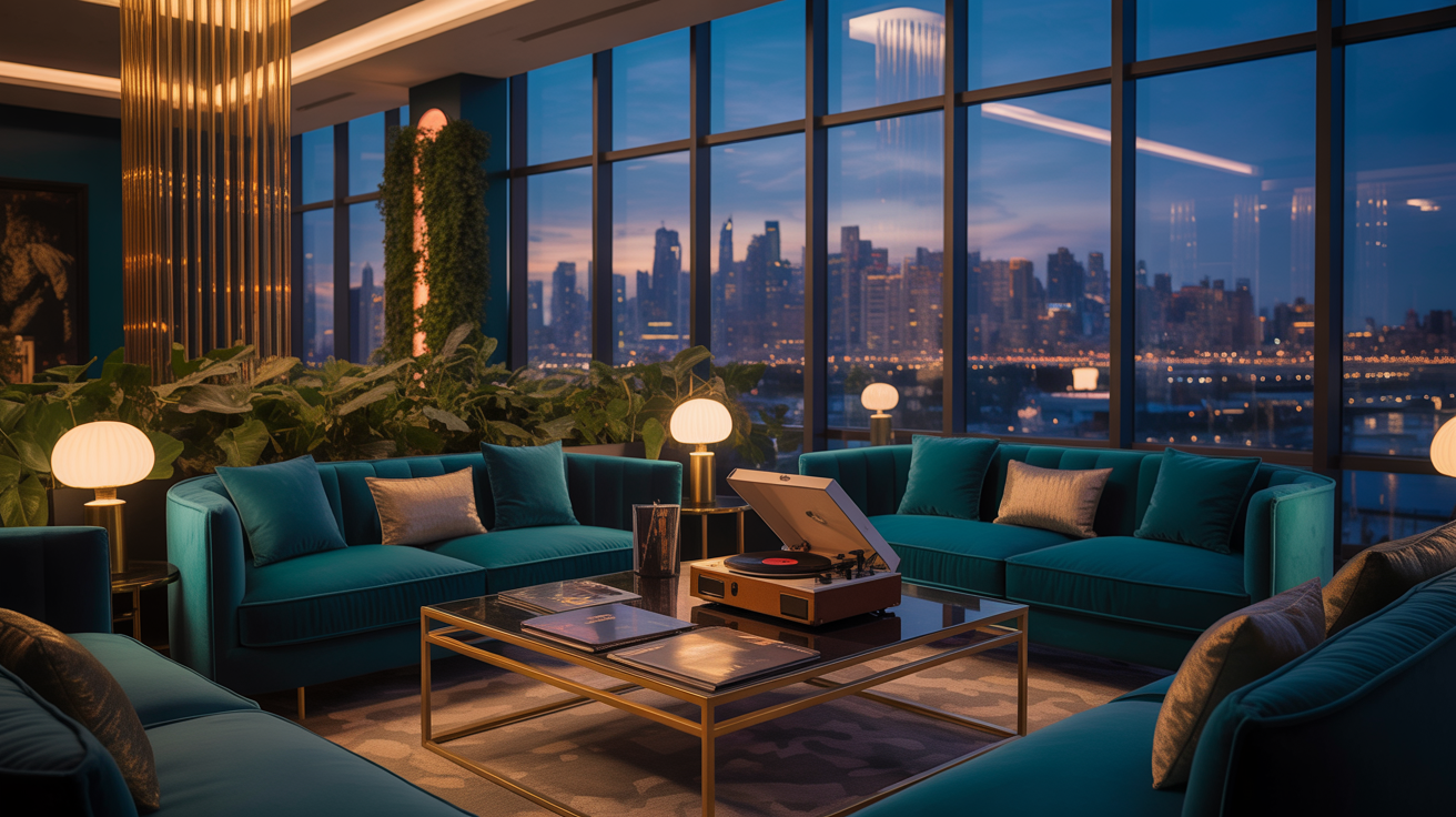 Upscale VIP lounge at a music venue with teal velvet seating and warm golden lighting