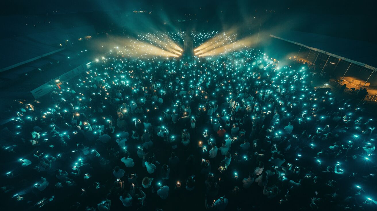 Global entertainment network visualization with illuminated concert venues connected across a world map