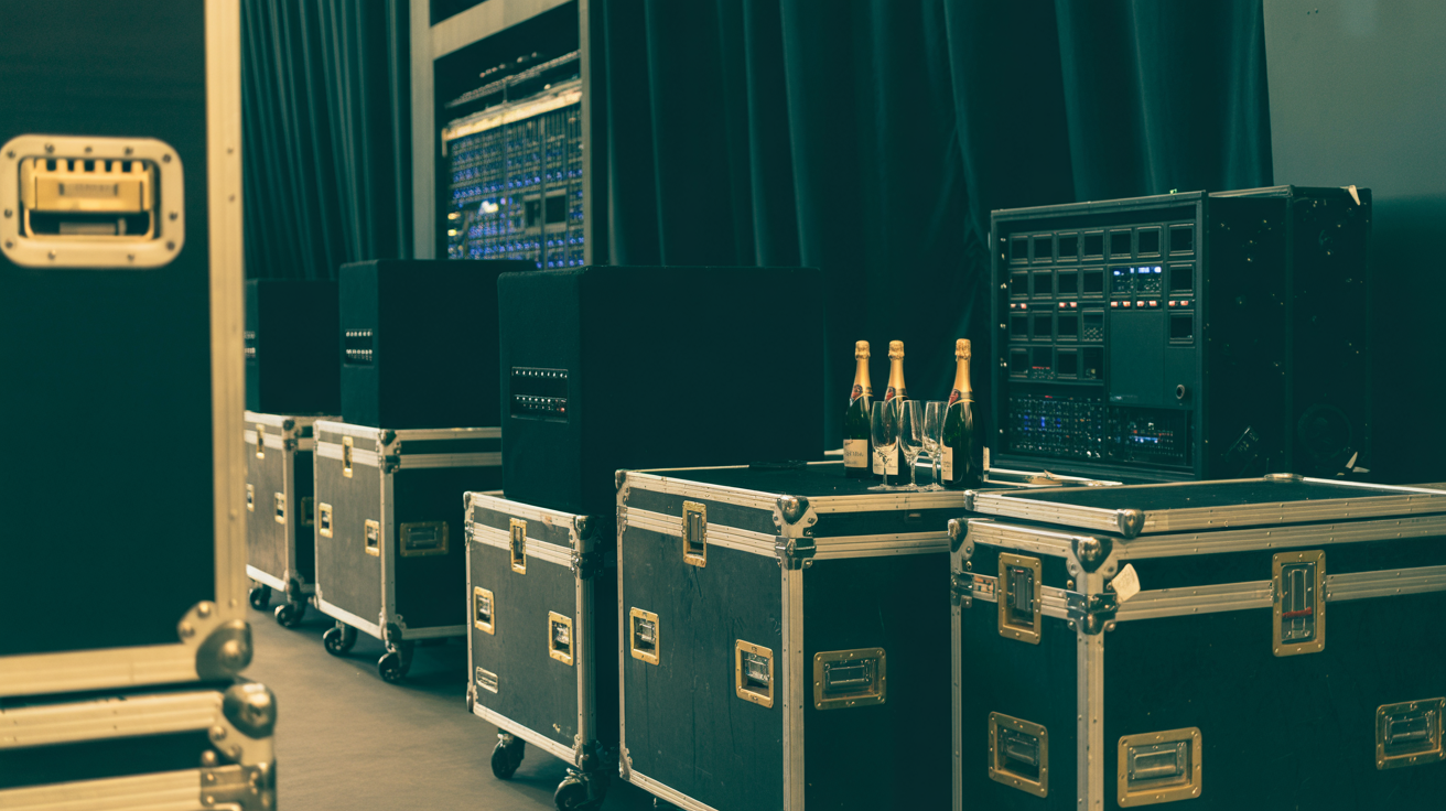Professional backstage scene at a major concert with crew preparing equipment and stage visible through curtains